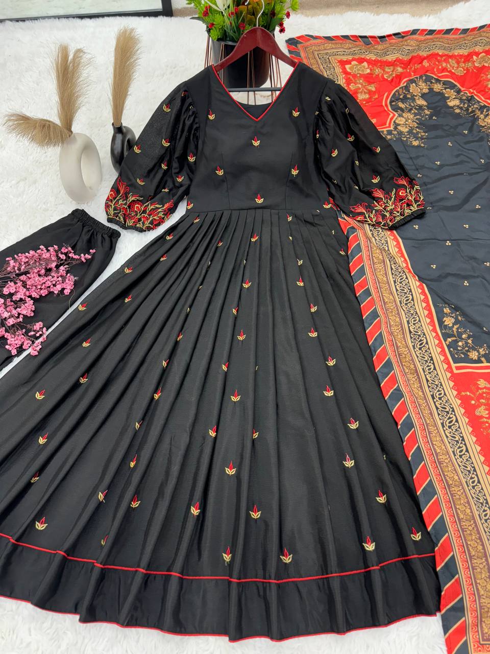 Black Color Chinon Silk Designer Gown WIth Palazzo & Dupatta Set