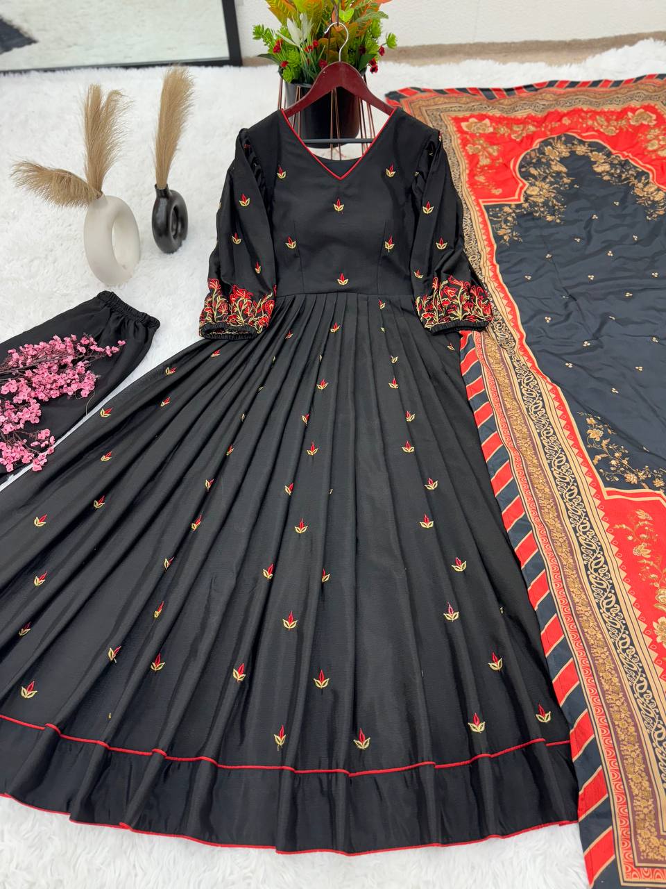 Black Color Chinon Silk Designer Gown WIth Palazzo & Dupatta Set